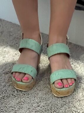 Cork Two-Strap Platform Sandals in Mint Green - Women's